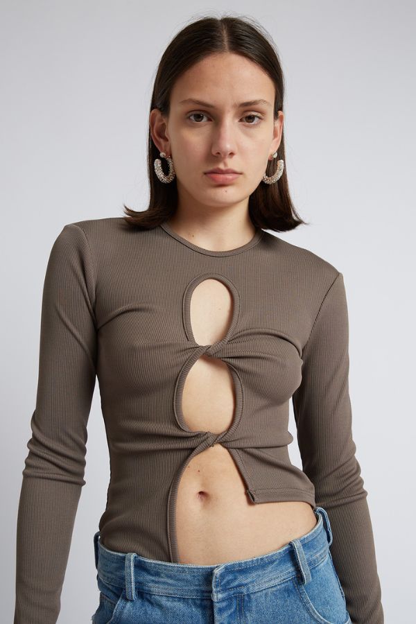 CHRISTOPHER ESBER - OPEN TWIST LONG SLEEVE TOP BROWN