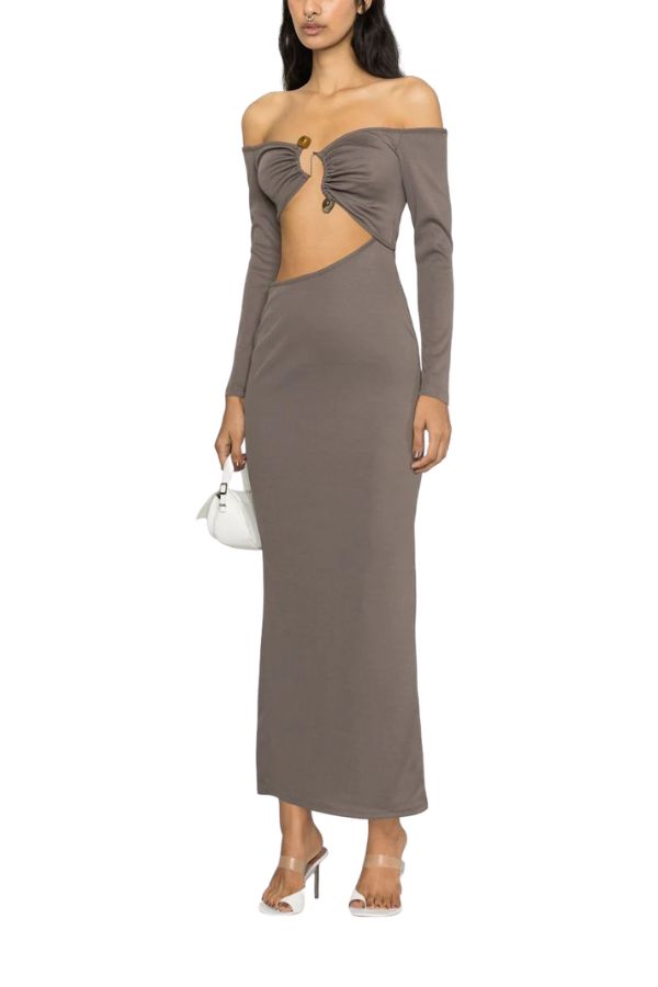CHRISTOPHER ESBER - DISTORT QUARTZ SHOULDERLESS MIDI DRESS BROWN