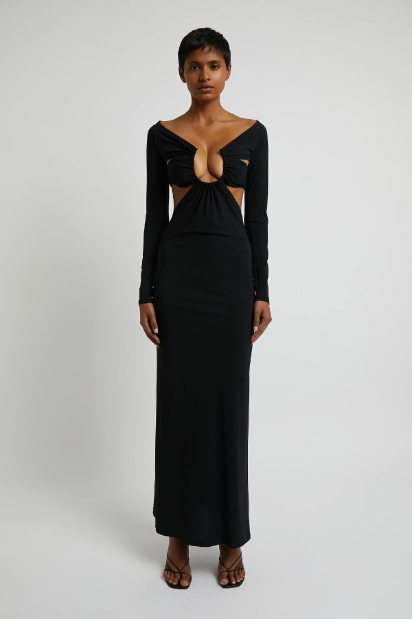 CHRISTOPHER ESBER - ODESSA RUCHED PRONG DETACH SLEEVE MAXI DRESS BLACK