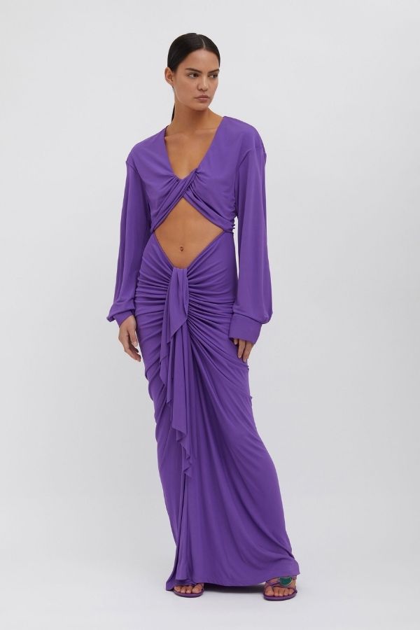 CHRISTOPHER ESBER - VIVENDA DRAPE FRONT L/S MAXI DRESS PURPLE