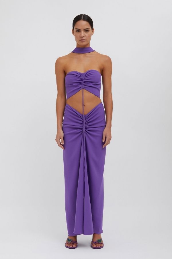 CHRISTOPHER ESBER - REVERSED HALTER DISCONNECT RUCHED MAXI DRESS PURPLE