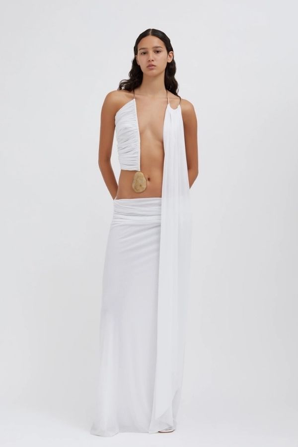 CHRISTOPHER ESBER - ELLIPTIC STONE DRAPE GOWN MAXI DRESS WHITE