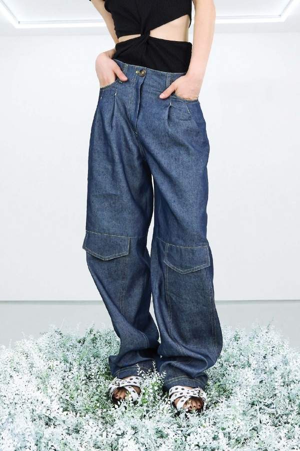 J KOO - DENIM DETAIL CONTRAST STITCH POINT TROUSERS
