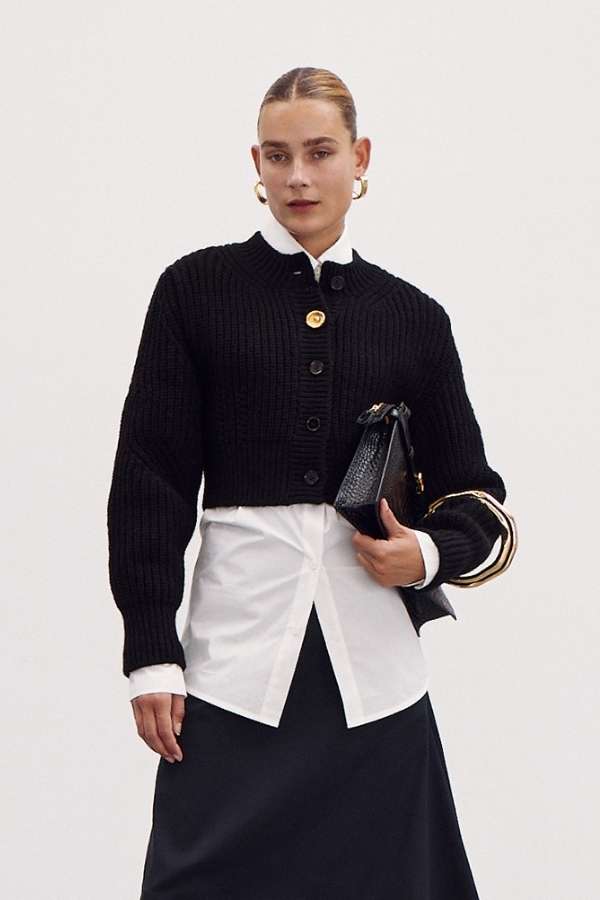 RECTO - BUTTON POINTED CHUNKY WOOL CROP CARDIGAN (BLACK)