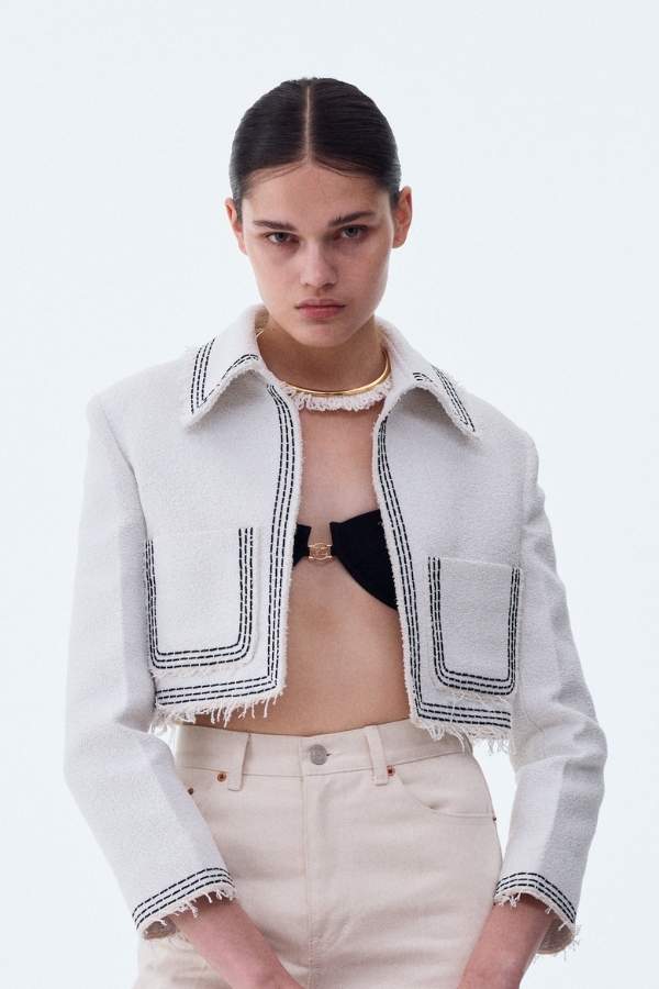 RECTO - TARA EMBROIDERY TWEED CROP JACKET (OFF WHITE)