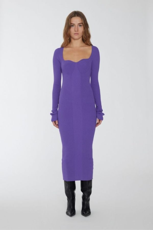 REMAIN - DENSE KNIT CURVED NECK MIDI DRESS BRIGHT PURPLE