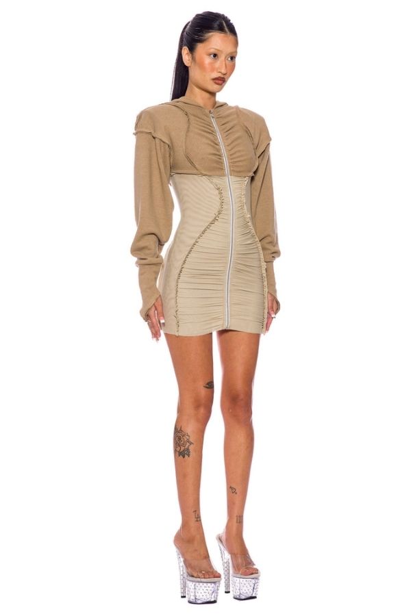 SAMI MIRO VINTAGE - OPEN SEAM ZIP HOODIE TERRY/MESH MINI DRESS TAUPE