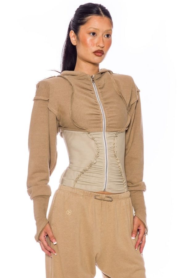 SAMI MIRO VINTAGE - OPEN SEAM ZIP HOODIE TERRY/MESH TOP TAUPE