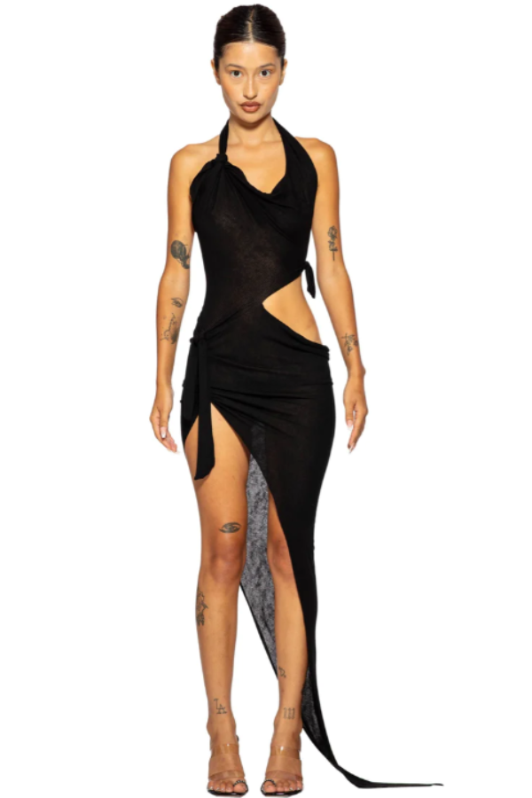 SAMI MIRO VINTAGE - TIED UP CUTOUT MIDI DRESS BLACK