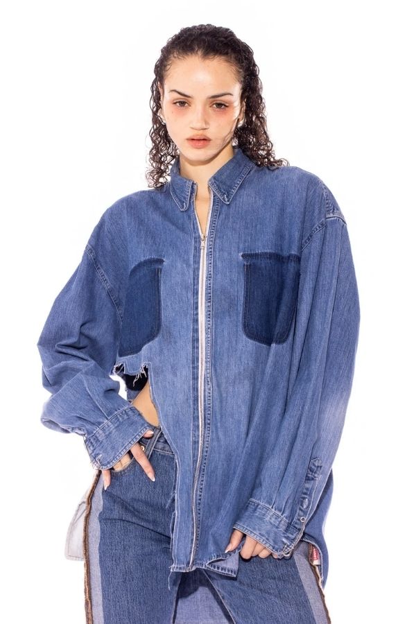 SAMI MIRO VINTAGE - RAW ZIP UP COLLARD SHIRT BLUE