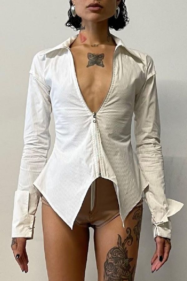 SAMI MIRO VINTAGE - CURVE COLLARD ZIP SHIRT WHITE