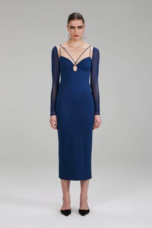 SELF-PORTRAIT - 114 DARK BLUE JERSEY CREPE MIDI DRESS